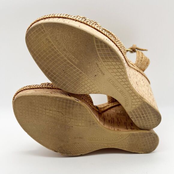 Stuart Weitzman Minx Tan Woven Leather Ankle Strap Cork Wedge Sandals Women’s 7 - Picture 12 of 16